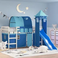 IKAYAA Hochbett mit Rutsche, Kinder Bett mit Rutsche & Turm, Hausbett 80 x 200 cm, Kinderbett Baumhaus mit Rutsche & Leiter, Hochbett für Kinder, Spielbett, ohne matratze Weiß und blau