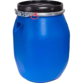 plasteo plasteo® 30 Liter Deckelfass mit Spannverschluss Lebensmitteltauglich Futtertonne Luftdicht Verschließbar Stapelbar und Palettengerecht Stabile Griffmulden Blau