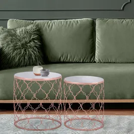 WOMO-DESIGN Beistelltisch 2er Set Phoenix I Ø40/Ø45 cm, Weiß Marmor/Kupfer, handgefertigt, Unikat