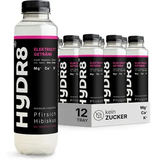 HYDR8 Elektrolytgetränk ohne Zucker mit erfrischendem Pfirsich-Hibiskus Geschmack mit 5 Elektrolyten inkl. Magnesium ohne Zucker, für Sport, Hitze, Feiern (12 x 500ml zzgl. Pfand)