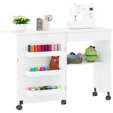 Nähtisch Klappbar, 2-in-1 Nähmaschinentisch, Nähmaschinenschrank mit Offenen Ablagefächern und Rollen, Holz Nähschrank Basteltisch, Mehrzwecktisch für Wohnzimmer Arbeitszimmer Schlafzimmer Weiß