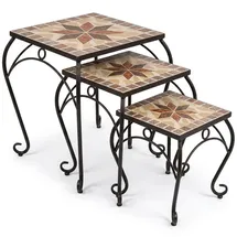 Harms Import 3er Set Hocker Beistelltische Garten schwarz bunt Keramik Stahl Mosaik Blumen