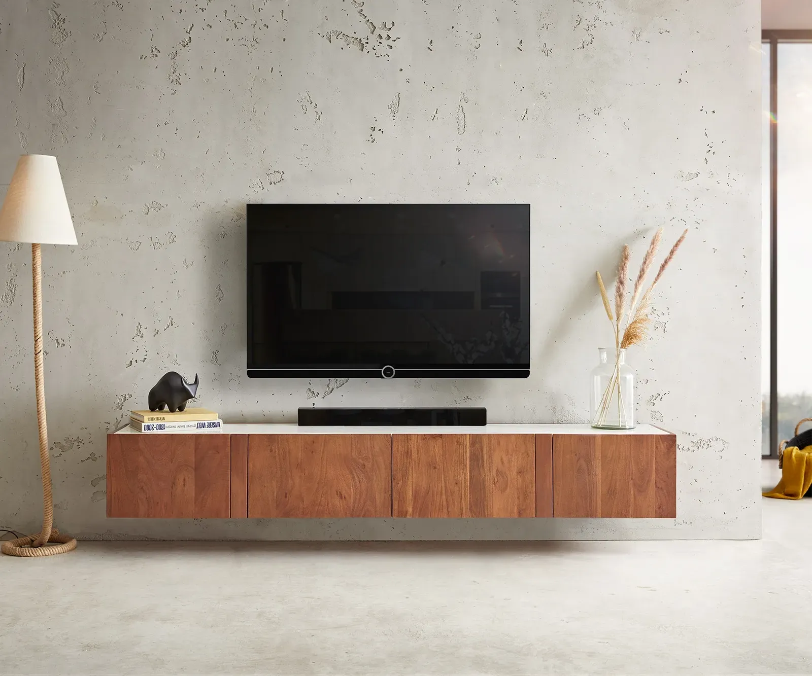 DELIFE Meuble-TV Secara 200 cm acacia marron 4 portes marbre flottant, Meubles-TV