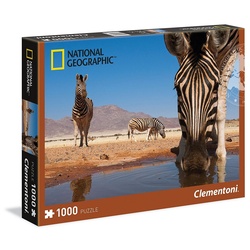 Clementoni® Puzzle National Geographic Puzzle Zebra trinkt an einem Wasserloch 1000 Teile, 1000 Puzzleteile beige