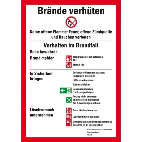 Schild I Aushang Brände verhüten, DIN 14096, bauliche Anlagen, Kunststoff, 210x297mm, ASR A1.3, DIN EN ISO 7010