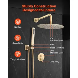 Vevor Duscharmatur Regenduschsystem fürs Badezimmer Duschsystem mit 254 mm runden Regenduschkopf & Handbrause, wandmontierte Badezimmerarmaturen m...