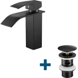 Auralum - Waschtischarmatur Wasserfall Wasserhahn + Ablaufgarnitur mit Überlauf, Wasserhahn Bad mit Pop Up, Schwarz