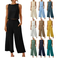 Musselin Hosenanzug Damen Sommer Zweiteiler Tank Top und Hose 2 Teiler Elegant Hosenanzüge Baumwolle Leinen Jogginganzug Elegant Outfit Business Casual Anzug - M