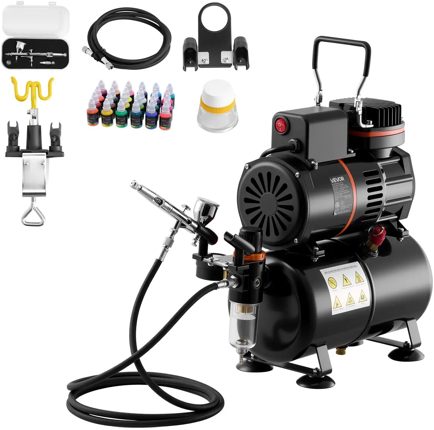 VEVOR Airbrush Set 1/6 PS mit Luftkompressor & Tank, 1 Dual Action Airbrush mit 1 Düse (0,3 mm) & Schlauch & Acrylfarbe )(24) & 2 Ventilatoren, für Kuchendekoration Modellmalerei Nagelkunst