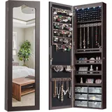 GOPLUS Schmuckschrank mit Schloss & 2 Schlüsseln, Schmuckregal mit LED-Beleuchtung, Spiegelschrank mit Schubladen, Wandmontage und Türmontage, mit Stauraum für Halsketten, Ringe, Ohrringe (Braun)