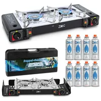 ZMC Gaskocher Doppel Kartuschenkocher Gaskocher 2 Flammig + 8x Gaskartuschen 227g, (MSF-1a automatische Piezo-Zündung (elektrisch) Herd Butangas), Outdoor Gas Campingkocher 2Fach Gasherd Ofen Butan Kochfeld Gas Kocher