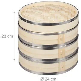 Relaxdays Bambus Dampfgarer, 3 Etagen, mit Metallringen, asiatischer Dampfkorb für Reis, Dim Sum, Gemüse, Ø 24 cm, Natur,