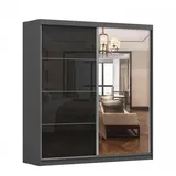 fabryka mebli idźczak Schwebetürenschrank Kleiderschrank Schrank 203 cm Grau/Schwarz mit Spiegel Multi 31 - Grau Schwarz, Holzwerkstoff, 5 Fächer, Rechteckig, 203x218x61 Schlafzimmer, Kleiderschränke, Schwebetürenschränke