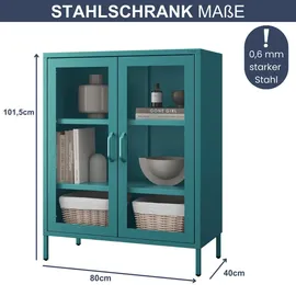 Jan Nowak Vitrinenschrank Wohnzimmer klein GINA 101,5 x 80 x 40 cm, Türkis