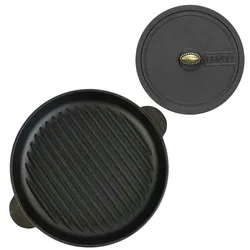 BRIZOLL Ø26cm Grillpfanne aus Gusseisen Bräter mit Pressdeckel Schmortopf zwei Griffe Servierpfanne Grill