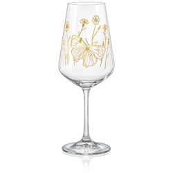 Crystalex Rotweinglas Weingläser Weinglas Wild Flowers Kristallgläser Schmetterling, Kristallglas, Pantografie in Gold mit Schmetterling Bohemia 450 ml 6er weiß