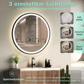 gimbelen LED Runder Badspiegel mit Beleuchtung, 3 Lichtfarben, Dimmbar, Antibeschlag, Energiesparend, Touch-Schalter und Speicherfunktion, LED Badspiegel Schwarz,