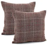 heimtexland ® 2er Set Dekokissen mit Woll-Charakter Tartan kariert Kissen Schotten-Karo Deko Kissenhülle 45x45 cm Doppelpack Typ899 rot-braun