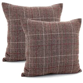 heimtexland ® 2er Set Dekokissen mit Woll-Charakter Tartan kariert Kissen Schotten-Karo Deko Kissenhülle 45x45 cm Doppelpack Typ899 rot-braun