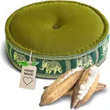 livasia Meditationskissen mit Thaiseide - Ø 45x15cm - Yogakissen mit Kapok, Pouf, Bodenkissen für Yoga und Zen Meditation, Sitzkissen für Garten und Balkon, Zafukissen (Grün/Elefanten Seide)