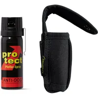 Protect Pfefferspray Breitstrahl 40 ml 50 ml 63 ml + hochwertiges Coptex Holster Etui schwarz Polyester Halterung für Gürtel und Molle System (1 Holster + 1 Spray, 50 ml + Clip)