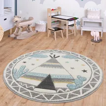 Paco Home Kinderteppich Teppich Rund Kinderzimmer Spielteppich Modern Pastell 3d Effekt, Grösse:120 cm Rund, Farbe:Creme