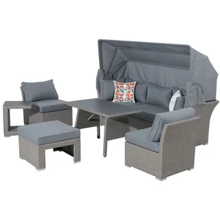 Dining Lounge Set / Daybed Relax, variabel stellbar mit Dach Alu / Polyrattan Wetterfest - Schwarz