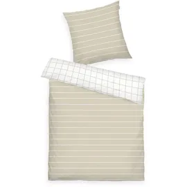 Tom Tailor Renforcé-Bettwäsche, 80x80 cm + 135x200 cm, 100% Baumwolle/Renforcé, Mit Wendemotiv und farbigem Markenreißverschluss, Check & Stripes Beige (Sunny Sand & Crisp White)