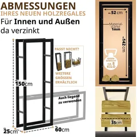 lawa living and lifestyle Kaminholzregal innen + außen Metall verzinkt 60x25x150 Schwarz Feuerholzregal Brennholzregal außen Stapelhilfe Kaminholz Kaminregal