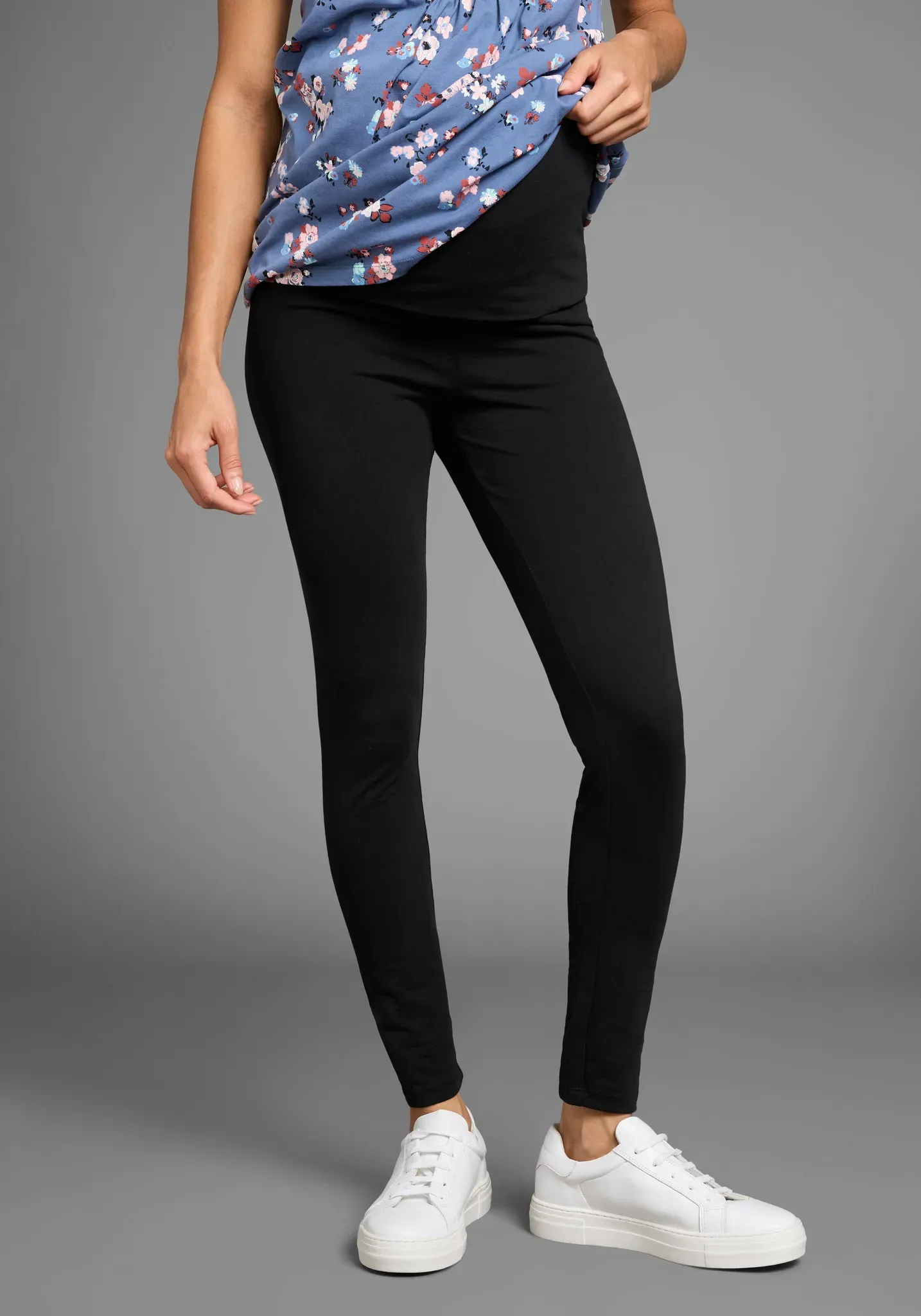 Umstandsleggings NEUN MONATE "Hose mit extrabreitem Umschlag, 2in1 Optik", Damen, Gr. 44/46, N-Gr, schwarz, Jersey, Obermaterial: 95% Baumwolle, 5% Elasthan, unifarben, Basic, eng lang, Hosen, Für Schwangerschaft und Stillzeit