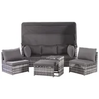TavilaEcon Gartenlounge-Set Rattan Sonneninsel Sitzgruppe, Loungemöbel Balkon und Garten, (5-tlg), Sofa mit Sonnendach, Hocker, Sesseln und Tisch grau