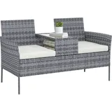 Zweisitzer-gartenbank Aus Korbgeflecht Mit Integriertem Tisch Und Schwarzem Kissen – 135 Cm Für Terrasse Und Balkon