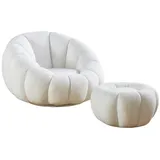 SalesFever Sessel Bonn Teddyfell 97 x 65 x 95 cm Weiß mit Hocker drehbar