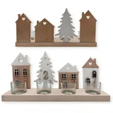 Teelichthalter Advent: Kerzenhalter für Teelichter, Adventskranz Deko-Leiste aus Holz mit Häusern & Tannenbaum, Figur Weihnachten & Winter, Dekofigur Innen, Weihnachtsdeko Natur & Weiß, 34 x 16,5 cm