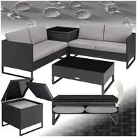 tectake® Poly Rattan Lounge Sitzgruppe, Gartenmöbel Set mit Sofa, Tisch mit Glasplatte, Auflagenbox, Outdoor Kissen wetterfest, Möbel für Garten, Balkon, Terrasse oder Wintergarten - schwarz