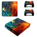 DOTBUY PS4 Slim Skin Aufkleber Sticker Design Folie schützende Haut Schale für Sony Playstation 4 Slim Konsole und 2 Dualshock Controller (Starry Blue-Orange)