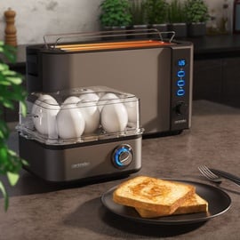 Arendo 2-teiliges Frühstücksset - 4-Scheiben Langschlitz Toaster, 8er Eierkocher, Grau