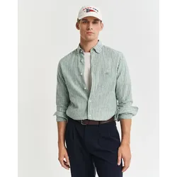Langarmhemd GANT "REG COTTON LINEN STRIPE SHIRT", Herren, Gr. L, N-Gr, woody grün, Web, Obermaterial: 55% Leinen, 45% Baumwolle, casual, regular fit, Langarm Manschette, Hemden, leicht, luftig und atmungsaktiv