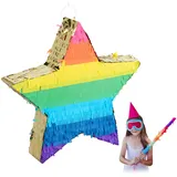 Relaxdays 2 x Pinata Stern, Partypinata zum Befüllen, Kinder & Erwachsene, Regenbogen, Schlagpinata zum Aufhängen, bunt-Gold