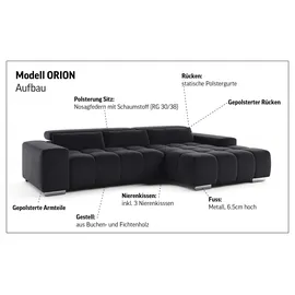 Cotta Ecksofa COTTA "Orion L-Form", platinum, B:307cm H:73cm T:186cm, 100% Polyester, Sofas, Ecksofa, mit 2x Kopfteilverstellung & 3 Nierenkissen