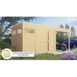 Gartenhaus KONIFERA "Cubus 3 Lounge", beige (naturbelassen), Fußboden im Gartenhaus, ohne Rück- und Seitenwand, ohne Dacheindeckung, Holz, Gartenhäuser, mit Anbaudach