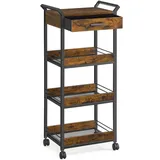 VASAGLE Rollwagen, Küchenwagen 4 Ebenen, Servierwagen mit Bremsen, Holzspanplatte, obere Schublade, Aufbewahrungsregal für Küche, Badezimmer, Schlafzimmer, vintagebraun-tintenschwarz LRC049K01