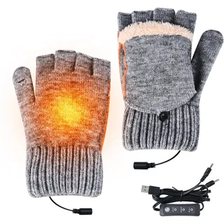 KAMEUN Beheizbare Handschuhe für Damen und Herren, Thermo Handschuhe mit Heizung, Heated Gloves mit USB Handwärmer, Halbfinger Strickhandschuhe für Drinnen und Draußen - L