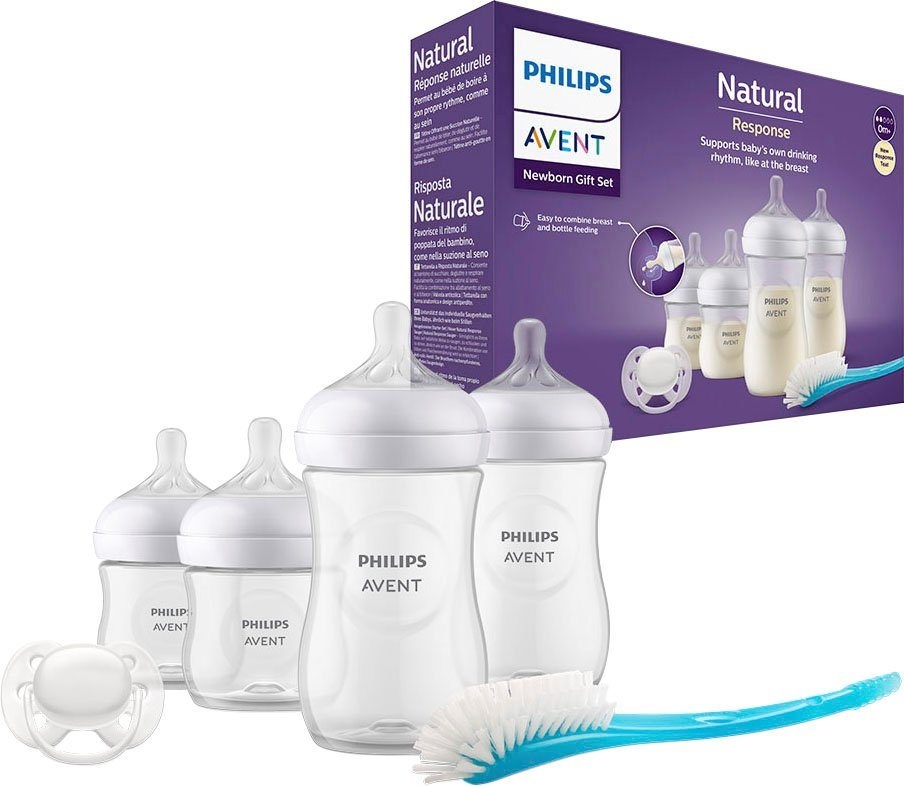 Philips AVENT Babyflasche Natural Response Starter-Set für Neugeborene SCD838/11, 4 Flaschen, ultra soft Schnuller und Flaschenbürste weiß