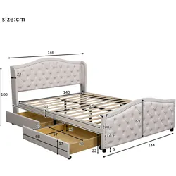 Merax Polsterbett 140x200 Ohrform Doppelbett aus Kunstleder mit 2 Schubladen & Zugpunktnieten & Lattenrost Weiß