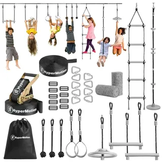 HyperMotion Ninja Slackline-Set für Kinder – 10 Hindernisse, Garten-Kletterparcours, bis 113 kg belastbar, inkl. Tragebeutel