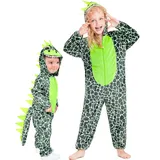IKALI Dino Kostüm für Kinder, Dinosaurier Jumpsuit mit Kapuze Mädchen Jungen Drachen, Tier Onesie Grün 7-8 Jahre