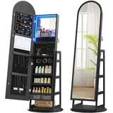 TAGELIER Schmuckschrank mit LED Spiegel, 360° drehbar, Schwarz