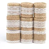 Naler Spitzenband Vintage Juteband Leinwand Band mit Weißer Spitze Natürlich Dekoration für Geburtstag Hochzeit Party (9 Rollen x 200cm)