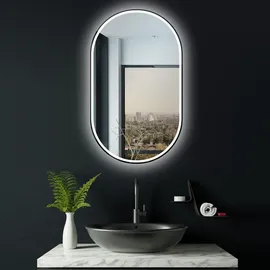 Hoko Badspiegel LED Antibeschlag Wandspiegel Oval 45x75cm mit Aluminium-Rahmen+LED Wechsel Warmweiß-Kaltweiß-Neutral 2700-6500K.Touch Schalter.Ra... / Schwarz